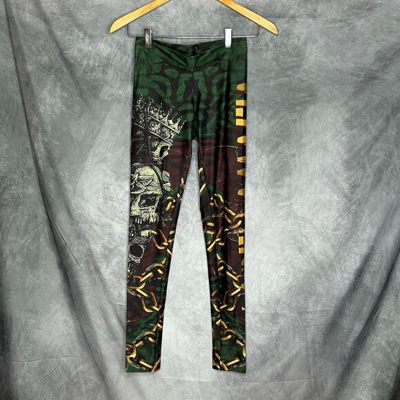 NEW La Bella Mafia Leggings Women S Skulls Chains Athleisure Green Gold Gym - Picture 1 of 9